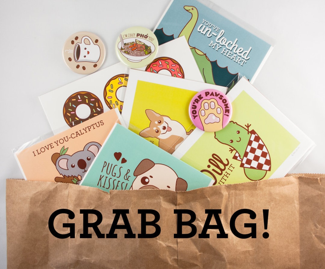 Grab Bag Cards, Stickers, Pins and Buttons Lucky Dip, Surprise Grab Bag