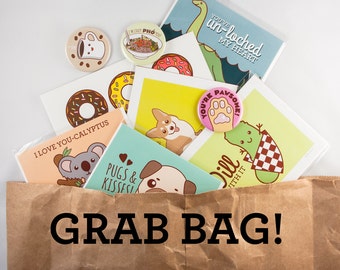 Grab Bag! Cards, Stickers, Pins and Buttons! - lucky dip, surprise grab bag, goodie bag sale, stationary grab bag, gift ideas, surprise me