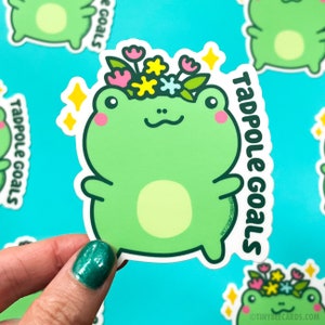 Frog Sticker &quot;Tadpole Goals&quot; - cute frog vinyl sticker, cottagecore decal, funny frog goblincore illustration, laptop sticker, cute gift