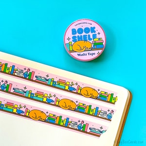 Bookshelf Washi Tape - Cozy Reading and Cat Lover Gift, Bookish Decorative Stationery for Journaling Scrapbooking