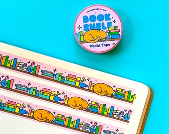 Bookshelf Washi Tape - Cozy Reading and Cat Lover Gift, Bookish Decorative Stationery for Journaling Scrapbooking