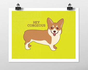 Corgi Dog Art Print - Dog Prints Series. corgi drawing, dog breeds, corgi art, green art, dog lover gift, corgi wall decor