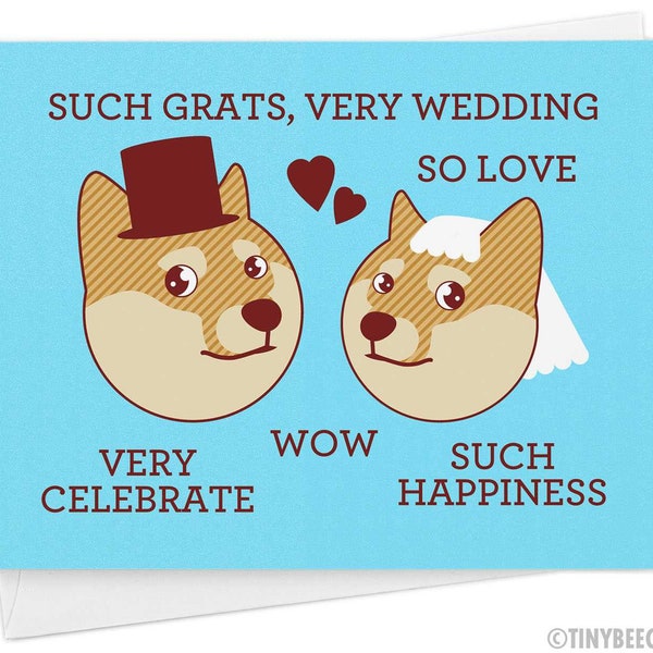 Carte de mariage drôle Doge « Such Grats, Very Wedding » - carte drôle, mème Internet, carte humoristique, félicitations Shibe, mariage geek