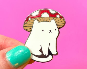 Mushroom Kitty Glitter Hard Enamel Pin - Cat Lover Brooch, Forest Woodland Fungi