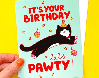 Tuxedo Cat Birthday Card - Let's Pawty!