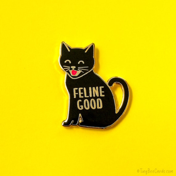 Cat Enamel Pin "Feline Good" - black cat pin, cute flair, cat lover gift, for friend girlfriend boyfriend husband wife, black and gold pin