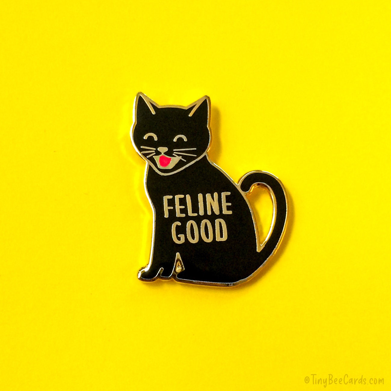 Cat Enamel Pin "Feline Good" - black cat pin, cute flair, cat lover gift, for friend girlfriend boyfriend husband wife, black and gold pin