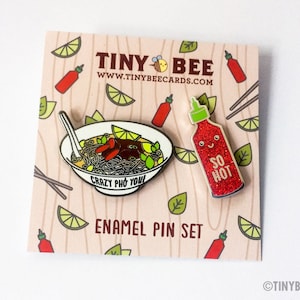 Pho & Sriracha Hard Enamel Pin Duo "Crazy Pho You" and "So Hot" Pins - foodie pins, vietnamese food, enamel pin set, two pins set, pin flair