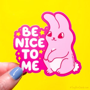 May include: Pink sticker with a pink bunny and the text "Be Nice To Me" in white letters. The bunny has white fur on its belly and a white tail. There are small yellow stars around the text.