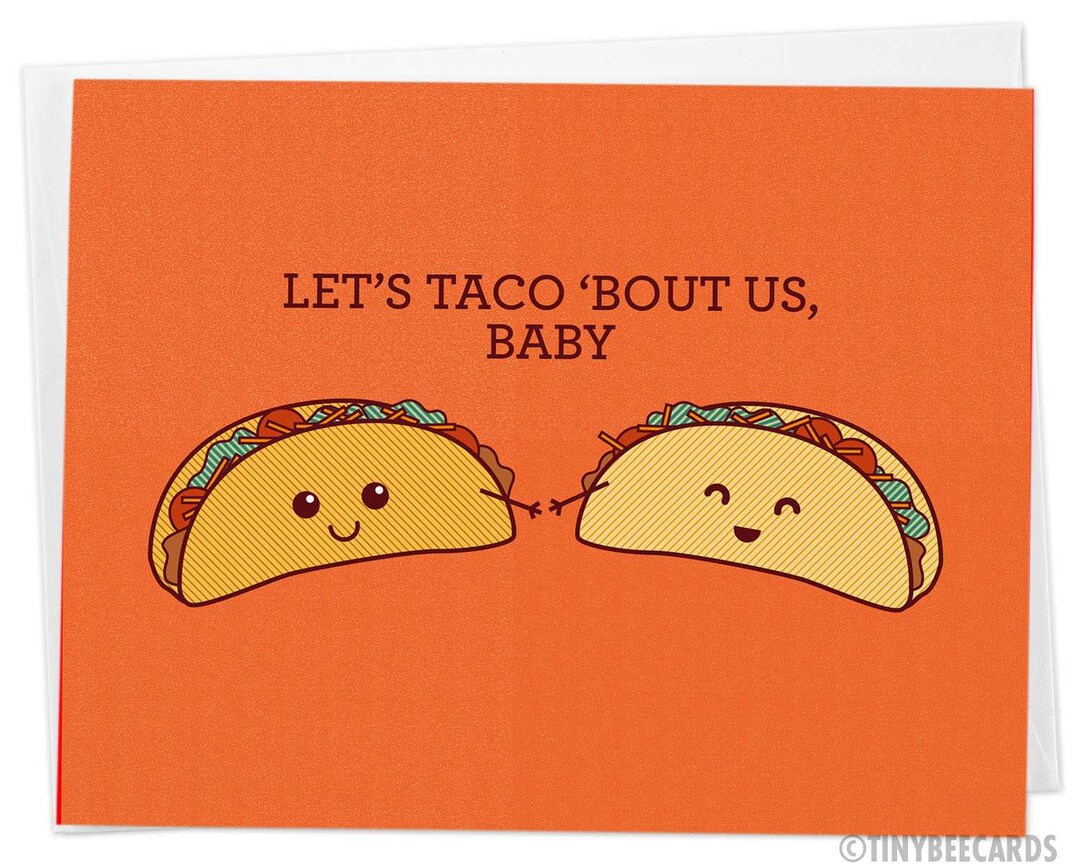 Cute Card Taco Pun, Let's Taco Bout Us, Baby Food Pun Greeting Card