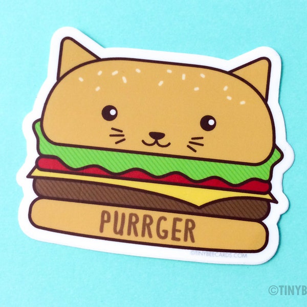 Burger Cat Vinyl Sticker "Purrger" - kawaii cat foodie sticker, cat lover gift, cheeseburger cat illustration, foodie gift sticker, food cat