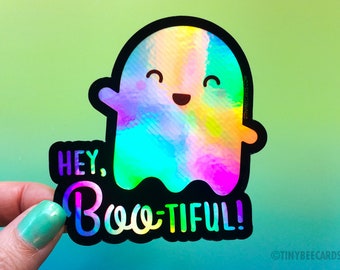Cute Holographic Ghost Sticker "You're Boo-tiful" - halloween sticker fall, rainbow decal, holo laptop sticker, die cut dishwasher safe