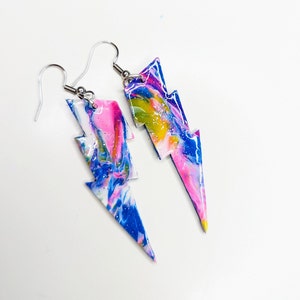 Mini Trippy Neon Colorful Festival Rave Shiny Resin Dangling Lightning Bolt Earrings MultiColor
