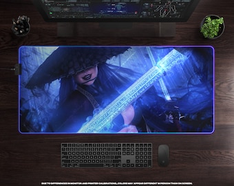 Samurai Woman LED XL Gaming Mouse Pad • Large Gamer Desk Mat, Backlight RBG Mousepad, Cyberpunk, Sci-Fi, Fantasy, Futuristic, Sword, Anime