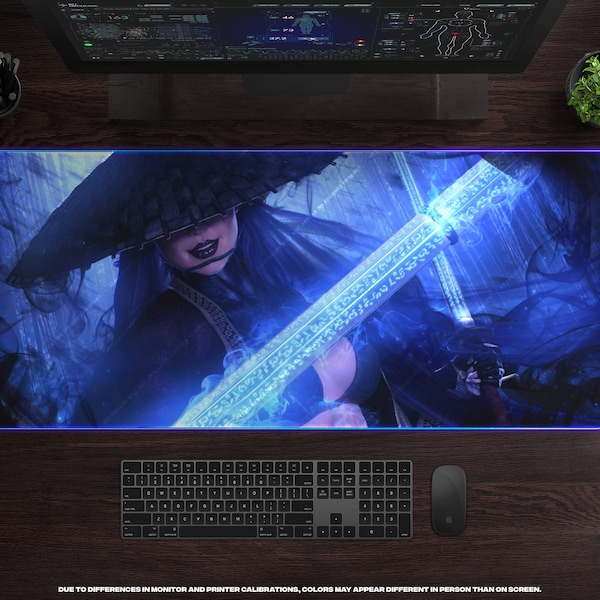 Samurai Woman LED XL Gaming Mouse Pad • Große Gamer Schreibtischmatte, Backlight RBG Mousepad, Cyberpunk, Sci-Fi, Fantasy, Futuristisch, Schwert, Anime