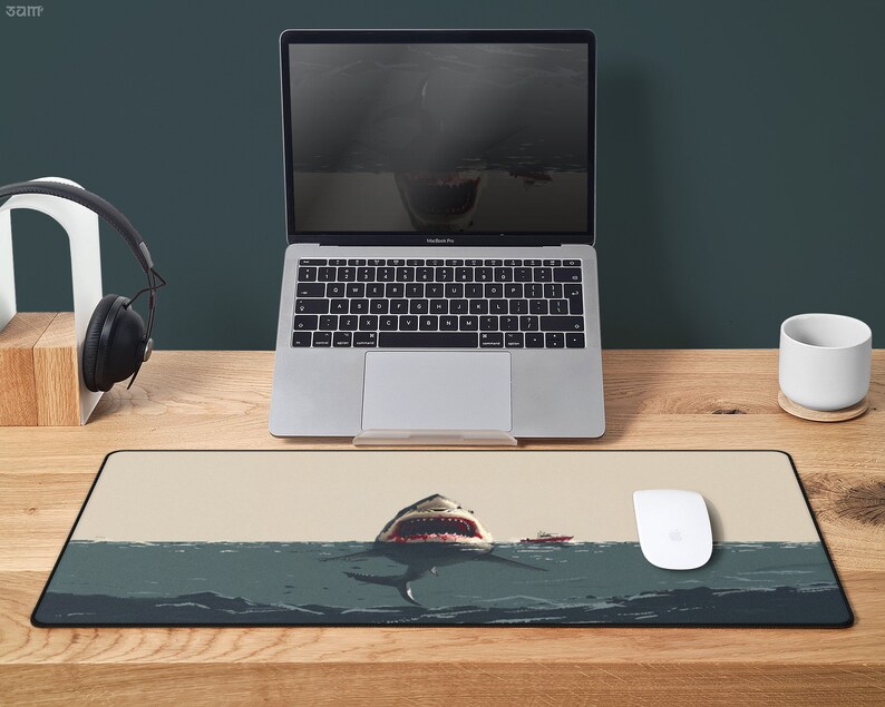 Deep Blue Danger Desk Mat Giant Shark Attack, Minimalist, Large Gaming Mousepad, Cinematic Thriller, Movie Themed Office Decor image 2