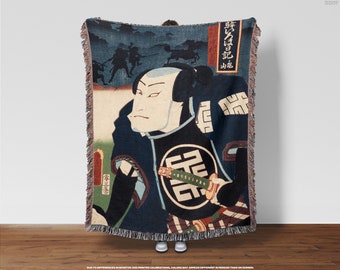 Actors by Toyohara Kunichika Woven Blanket • Traditional Japanese Ukyio-e Style Illustration Portraits, Katana Sword, Art Wall Tapestry