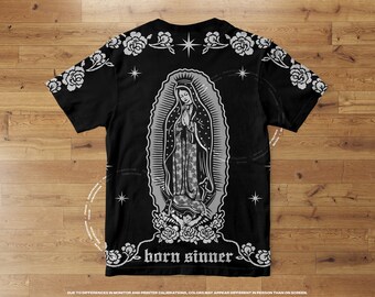 Born Sinner T-Shirt • Virgin Mary, Prayer, Roses, Religious, Floral Border, Twinkling Stars, Streetwear, Hypebeast, Unisex, Plus Size Tees