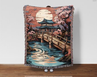 Sakura Moon Woven Blanket • Cherry Blossoms, Serene Lake, Zen, Traditional Japanese Illustration, Art Wall Tapestry, Bedroom Throw Blanket