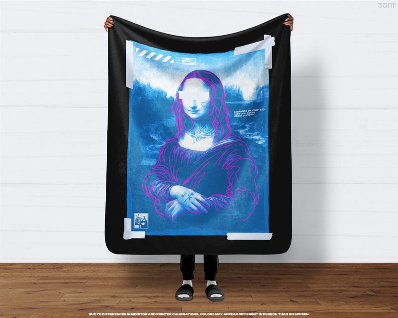 Blue and Black Mona Lisa Blanket Hypebeast Room Accessories, Classic Art, Streetwear Inspired, Hype Home Decor, Street Style Aesthetics image 1