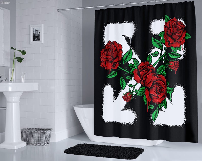 Summer Nights Red Roses Shower Curtain Black & White, Hypebeast Decor, Streetwear Inspired, Unique Bathroom Decor, Hype Room Accessories image 1