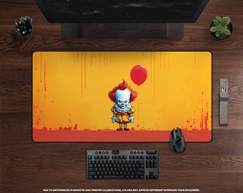 Red Balloon Buddy Desk Mat • Cute Kawaii Style Derry Clown, Scary Movies, Large Gaming Mousepad, Movie Themed Office Decor, Horror Fan Gift