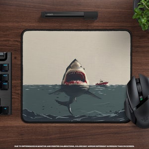 Deep Blue Danger Desk Mat Giant Shark Attack, Minimalist, Large Gaming Mousepad, Cinematic Thriller, Movie Themed Office Decor image 9