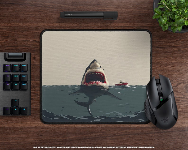 Deep Blue Danger Desk Mat Giant Shark Attack, Minimalist, Large Gaming Mousepad, Cinematic Thriller, Movie Themed Office Decor image 9