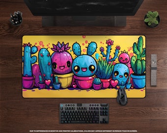 Happy Cacti Desk Mat • XL Gaming Mousepad, Cute Kawaii Cactus Plants with Smiling Faces, Colorful Desk Accessories, Gift for Gamer Girl