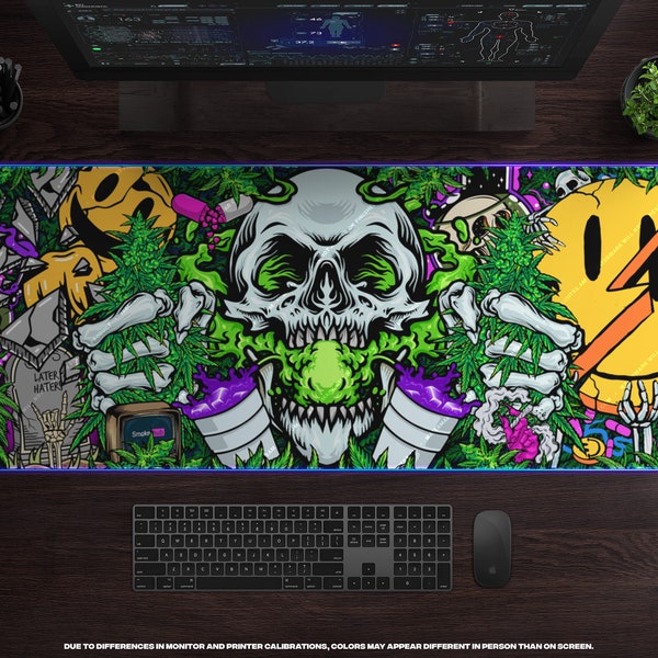 Fighting Demons LED XL Gaming Mouse Pad • Large Gamer Desk Mat, RBG Backlight Mousepad, Purple Drink, Skulls, Smiley, Smoke, Weed, Anxiety