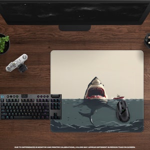 Deep Blue Danger Desk Mat Giant Shark Attack, Minimalist, Large Gaming Mousepad, Cinematic Thriller, Movie Themed Office Decor image 5