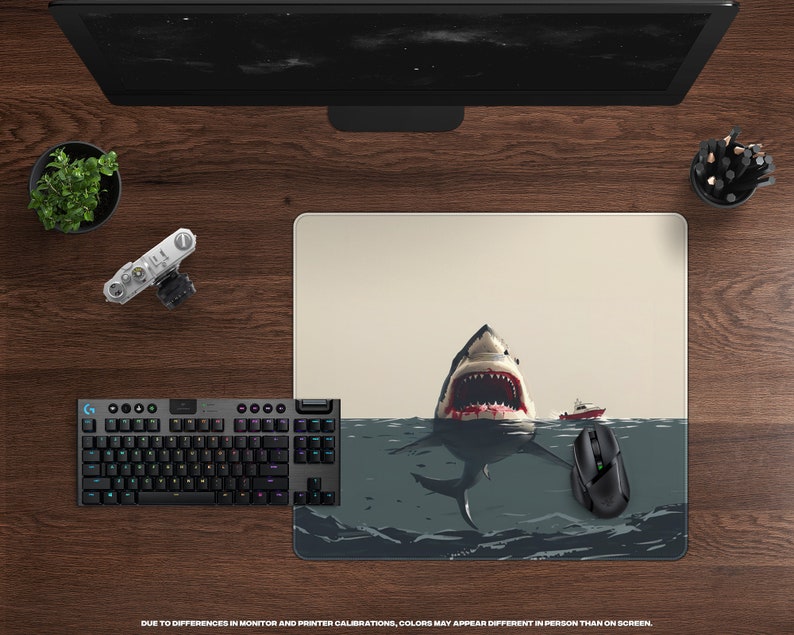 Deep Blue Danger Desk Mat Giant Shark Attack, Minimalist, Large Gaming Mousepad, Cinematic Thriller, Movie Themed Office Decor image 5
