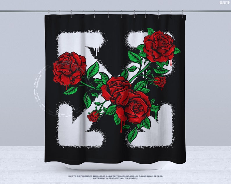 Summer Nights Red Roses Shower Curtain Black & White, Hypebeast Decor, Streetwear Inspired, Unique Bathroom Decor, Hype Room Accessories image 2