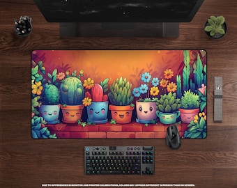 Wall Garden Plants Desk Mat • Large Mousepad, Colorful Kawaii Cacti, Smiling Succulents, Cheerful Cartoon Plants, Cute Office Decor