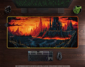 Mystic Realms LED XL Gaming Mouse Pad • Fantasy, Sci-Fi, Dark Landscape, Firestorm, Middle-Earth, Gaming Setup, Large RBG Backlight Mousepad