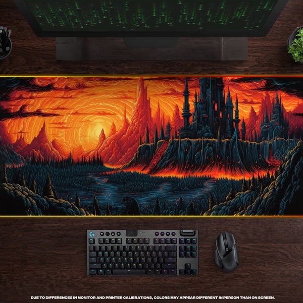 Mystic Realms LED XL Gaming Mouse Pad • Fantasy, Sci-Fi, Dark Landscape, Firestorm, Middle-Earth, Gaming Setup, Large RBG Backlight Mousepad