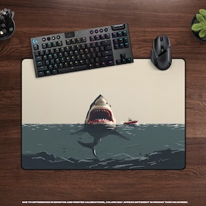 Deep Blue Danger Desk Mat Giant Shark Attack, Minimalist, Large Gaming Mousepad, Cinematic Thriller, Movie Themed Office Decor image 3