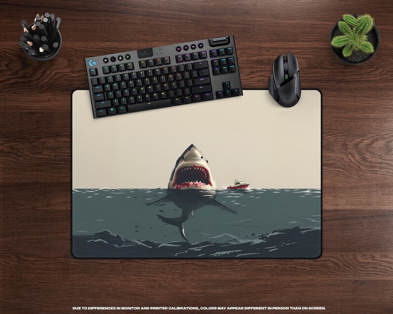 Deep Blue Danger Desk Mat Giant Shark Attack, Minimalist, Large Gaming Mousepad, Cinematic Thriller, Movie Themed Office Decor image 3