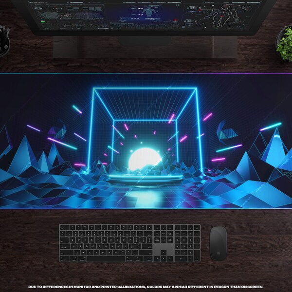 Blaues geometrisches LED XL Gaming MousePad • Großes RBG Mousepad, Backlight Mousepad, Cyberpunk, SciFi, Retrowave, Futuristisch, Abstrakt, Neon