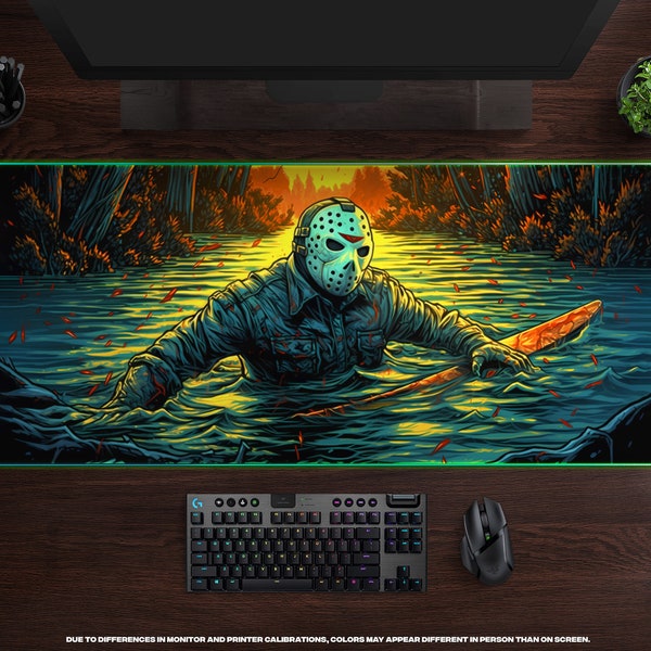 Horror at Crystal Lake LED XL Gaming Mouse Pad • Slasher, Nightmare, Scary, Terror, Horror Movie, Large RBG Backlight Mousepad, Gaming Setup