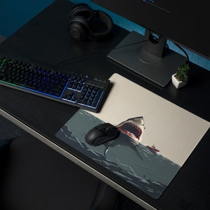 Deep Blue Danger Desk Mat Giant Shark Attack, Minimalist, Large Gaming Mousepad, Cinematic Thriller, Movie Themed Office Decor image 6