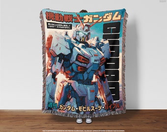 Gundam Anime Woven Blanket •  Anime Wall Tapestry, Bedroom Throw Blanket, Gift for Anime Lovers, Manga, Japanese Animation, Kanji