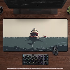 Deep Blue Danger Desk Mat Giant Shark Attack, Minimalist, Large Gaming Mousepad, Cinematic Thriller, Movie Themed Office Decor image 1