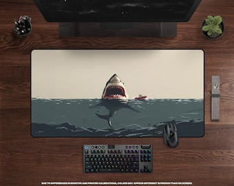 Deep Blue Danger Desk Mat • Giant Shark Attack, Minimalist, Large Gaming Mousepad, Cinematic Thriller, Movie Themed Office Decor