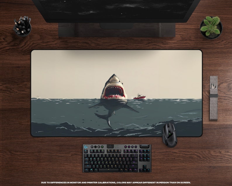 Deep Blue Danger Desk Mat Giant Shark Attack, Minimalist, Large Gaming Mousepad, Cinematic Thriller, Movie Themed Office Decor image 1