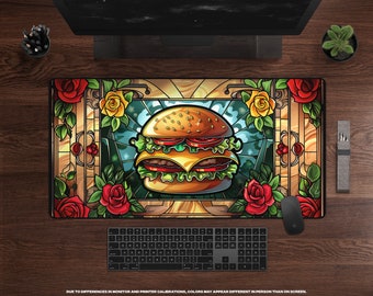 Burger Bliss Desk Mat • Stained Glass Cheeseburger, Colorful Desk Accessory, Large Gaming Mousepad, Unique Office Decor, Gift for Foodie