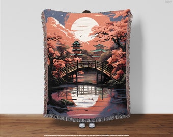 Cherry Blossom Moonlight Woven Blanket • Serene Lake, Zen, Traditional Japanese Illustration, Art Wall Tapestry, Bedroom Throw Blanket