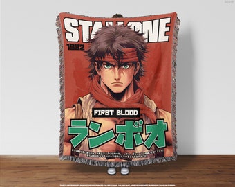 First Blood Anime Inspired Woven Blanket • Retro 1980s Movie Inspired, Anime Wall Tapestry, Bedroom Throw Blanket, Manga, Japanese Kanji