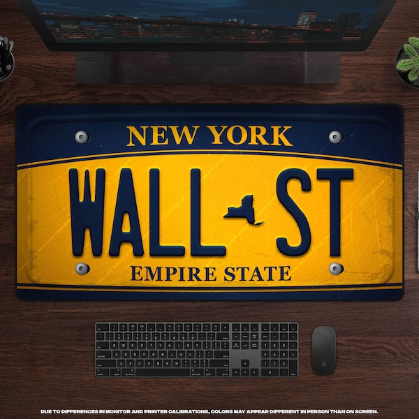 WALL ST License Plate Desk Mat • XL Mouse Pad, Large Gamer Mousepad, Entrepreneur Gift, Crypto, Daytrader, Home Office Desk Accessories