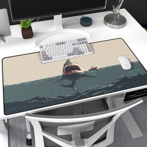 Deep Blue Danger Desk Mat Giant Shark Attack, Minimalist, Large Gaming Mousepad, Cinematic Thriller, Movie Themed Office Decor image 7